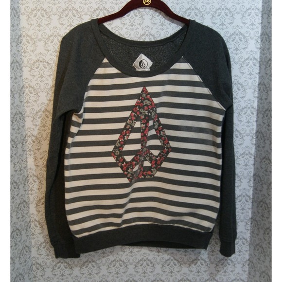 Medium Sz 12 Volcom Sweater All Day Fleece Floral Peace Diamond Design Stripes - Picture 2 of 9